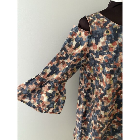 John Mark Linen Tunic Top Size S Blue Brown Bell Sleeve Oversize Lagenlook Fall - Picture 2 of 16